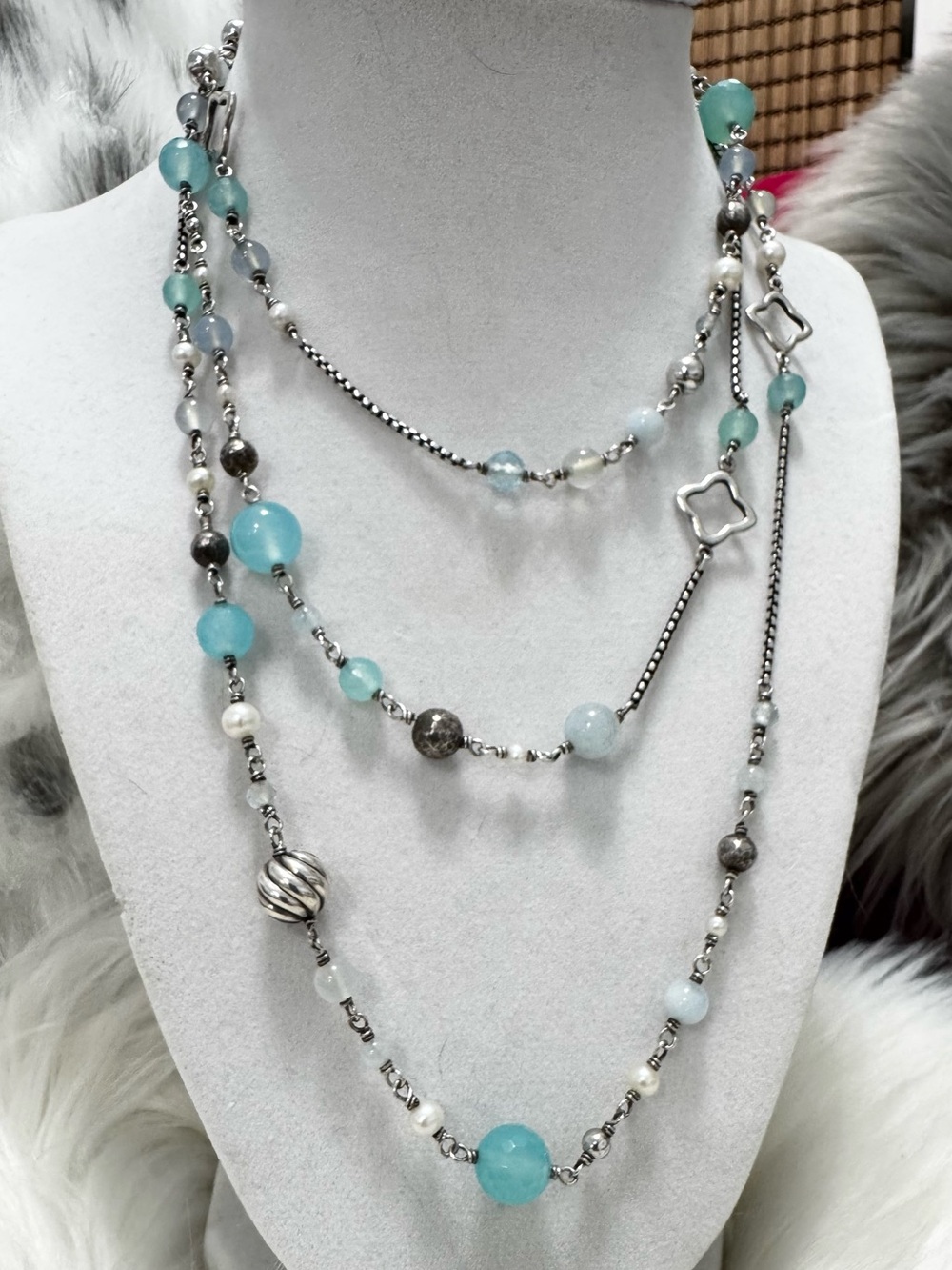 David Yurman 50” Multi Blue Aqua Pearl Quatrefoil Long Station Necklace .925